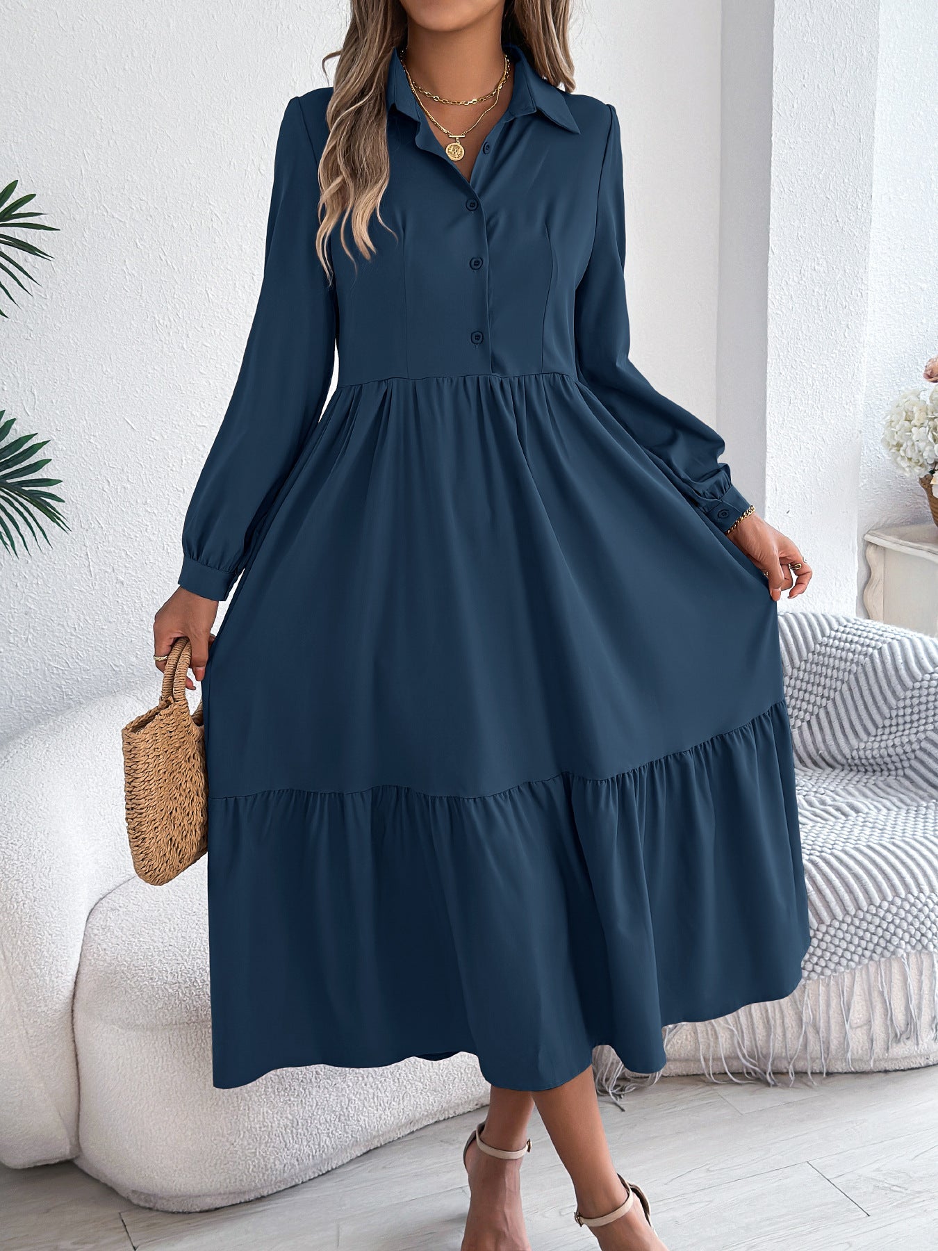 Autumn Winter Collared Casual Loose Long Sleeve Ruffled Shirt Dress Women Clothing