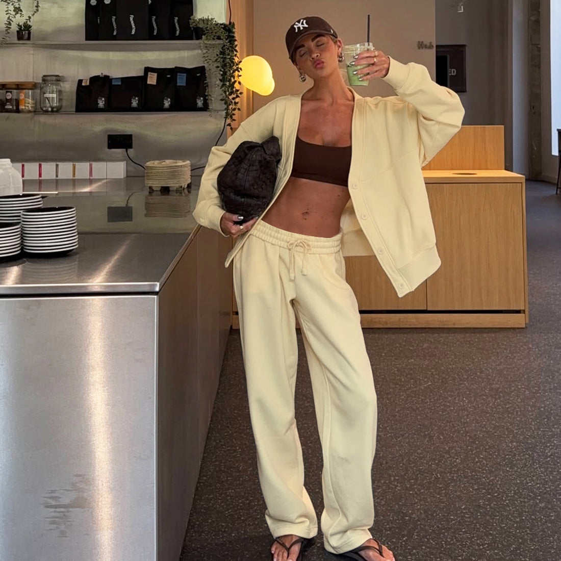 Autumn Button Cardigan Coat High Waist Solid Color Loose Trousers Idle Set