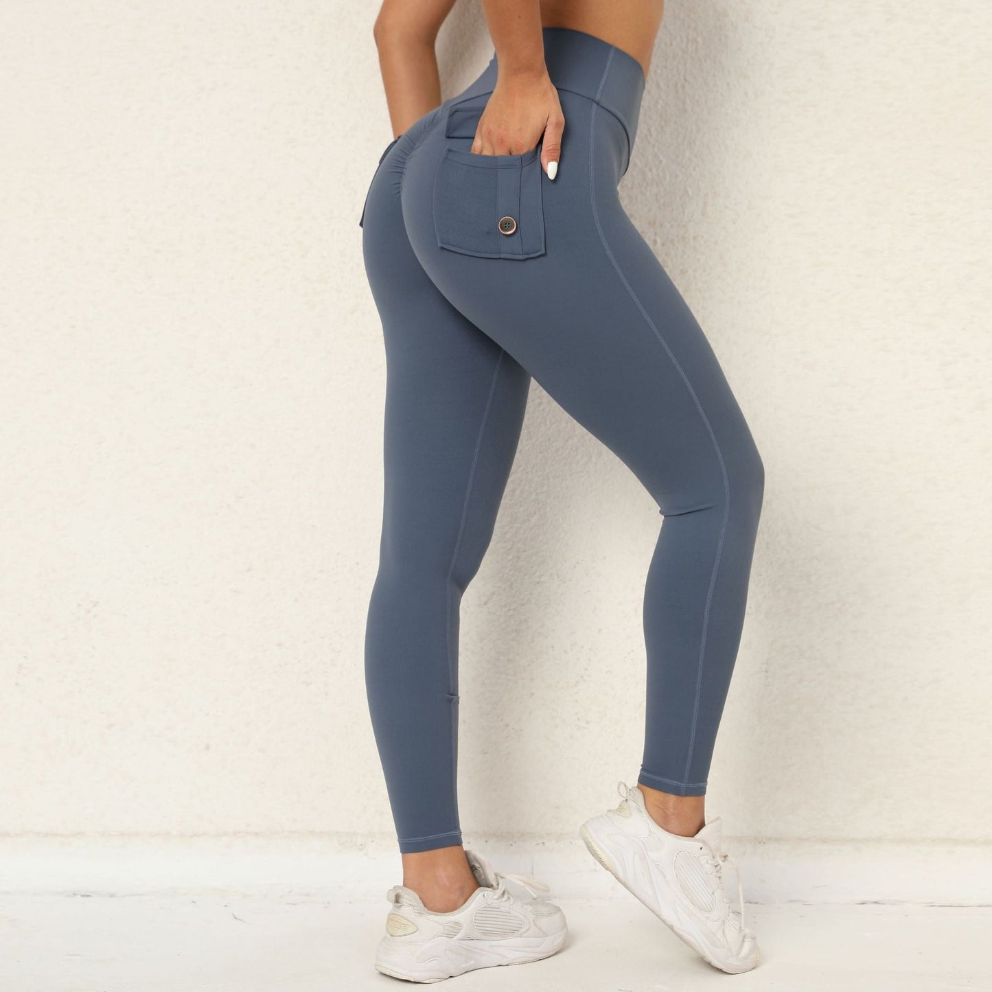 Peach Hip Workwear Tight Pocket Yoga Pants Women High Waist Stretch Hip Lift Button Quick Drying Running Fitness Pants Women