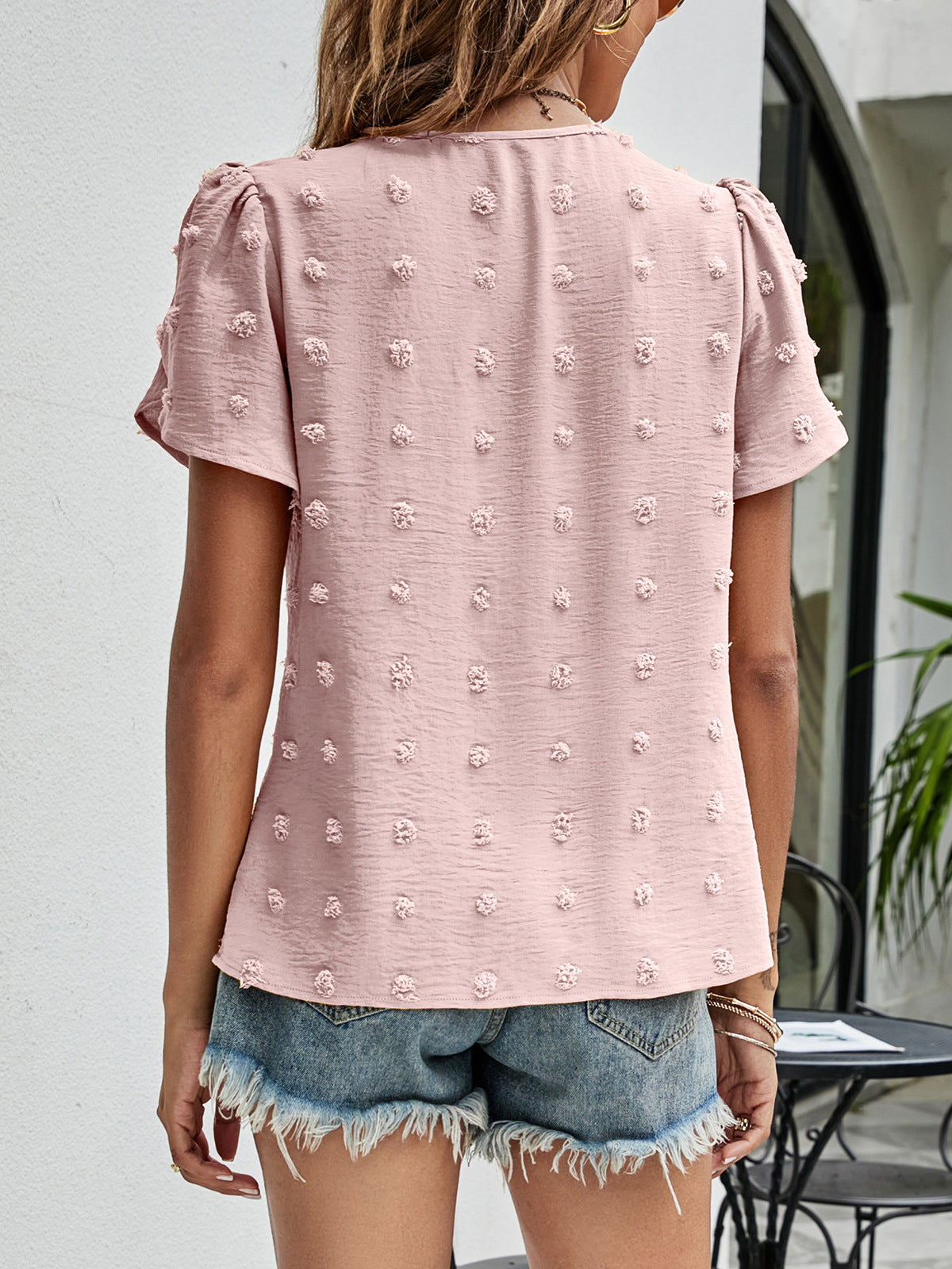 Women Clothing Summer round Neck Casual Tulip Sleeve T shirt Jacquard Top Women
