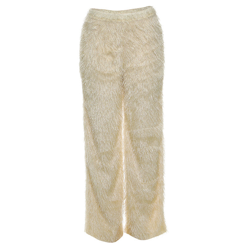 Autumn Women Casual Solid Color Fluff Sweatpants High Waist Straight Leg Pants Women