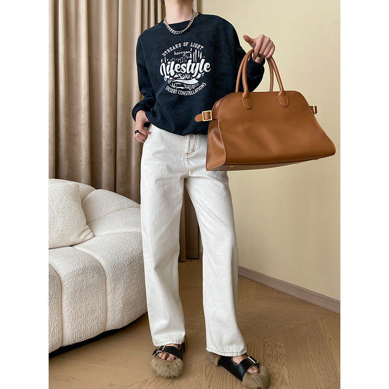 Mottled Tone Casual Letter Graphic Printed Casual round Neck Loose Shoulder Sweatshirt