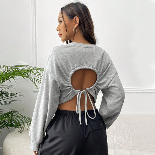 Autumn High Waist Leaking Cropped Drawstring Waist Tight Sweatshirt Outer Wear Short Oversized Loose Long Sleeve T shirt for Women