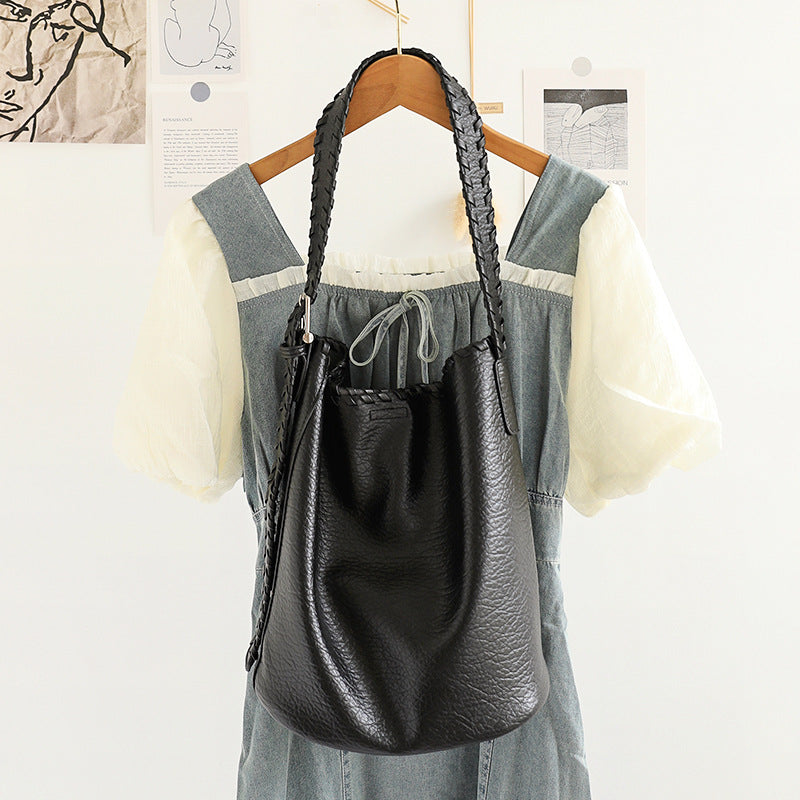 Elegant Woven Shoulder Strap Bucket Bag for Female - Versatile Texture Soft PU Retro Casual Tote