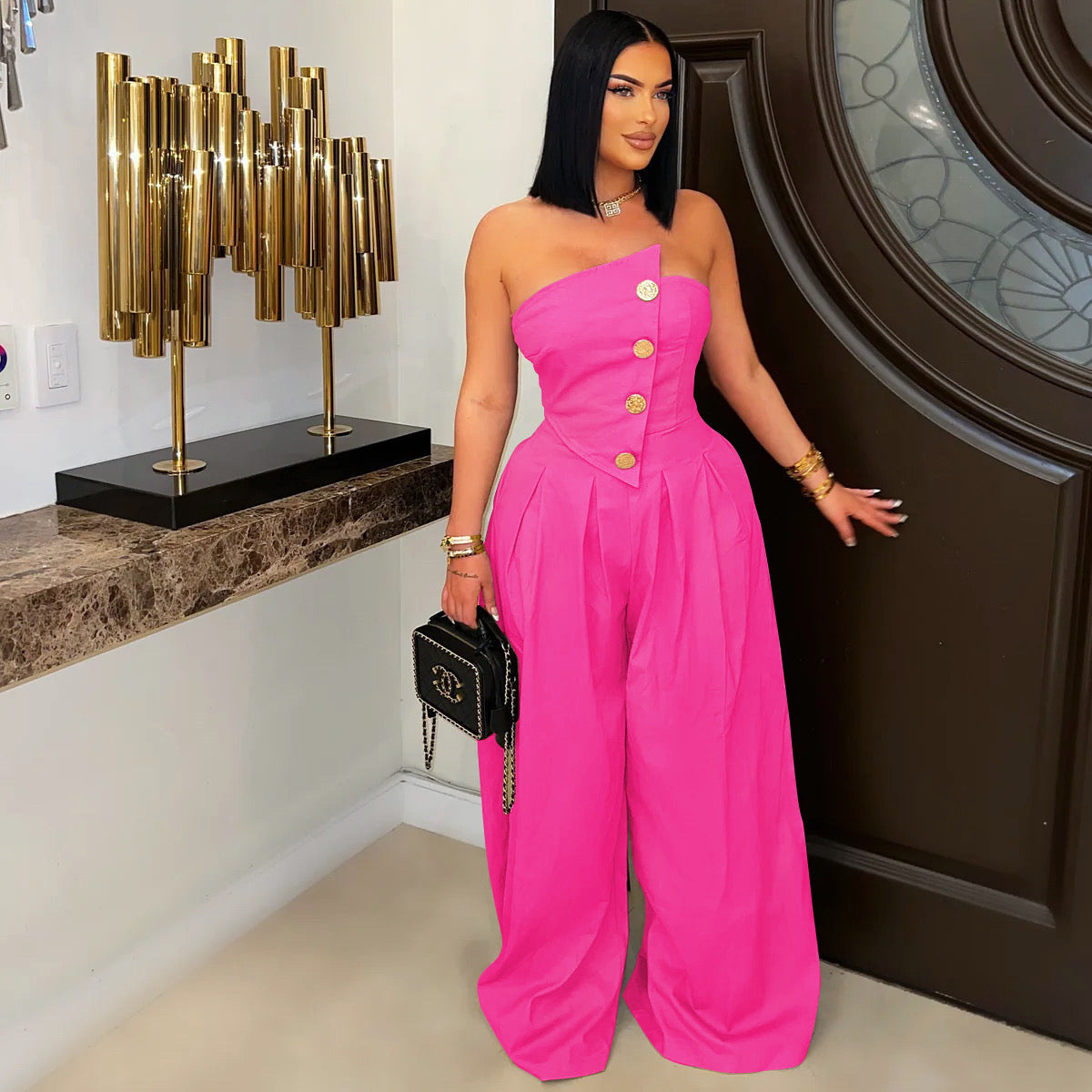 Women Wear Sexy Tube Top Sleeveless Metal Button Wide Leg Jumpsuit