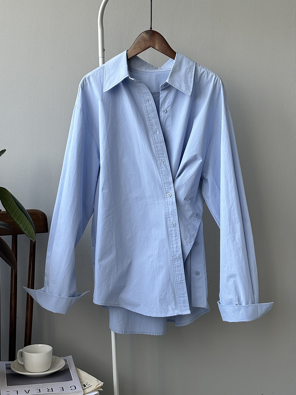 Irregular Asymmetric Side Slit Diagonal Button Shirt Women Autumn Korean Minimalist Long Sleeve Top