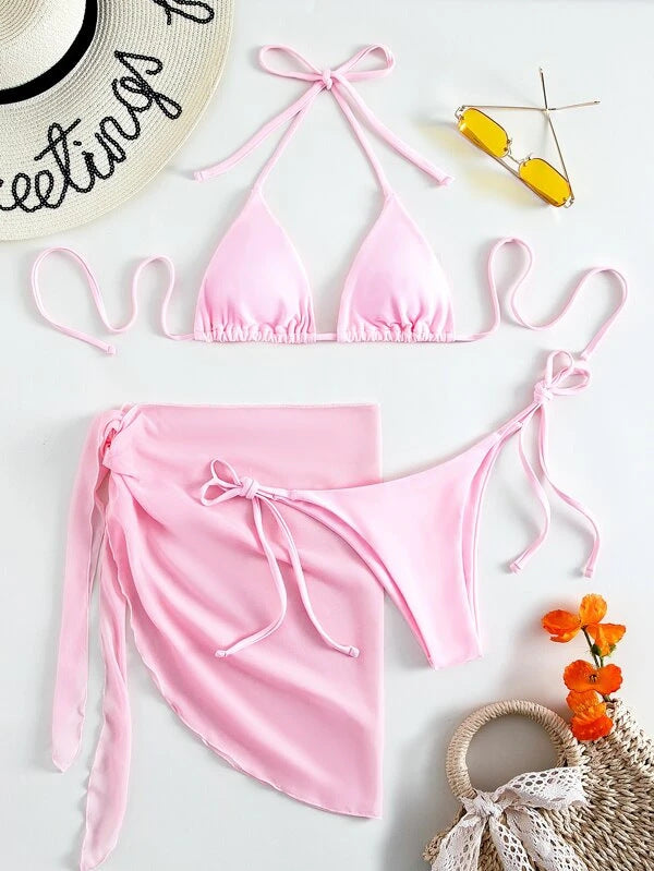 Solid Color Triangle Cup Bandage Sexy Bikini Three Piece Swimsuit