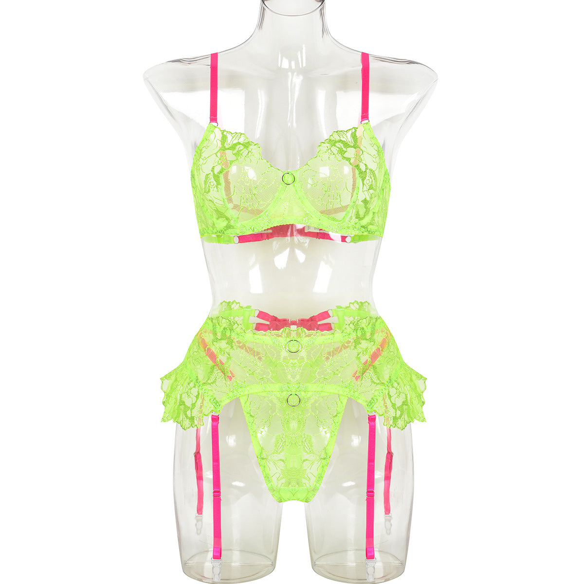 Women Clothing Embroidered Floral Exquisite Underwear Complex Process Sexy Contrast Color Three Piece Set