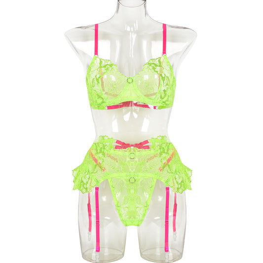 Women Clothing Embroidered Floral Exquisite Underwear Complex Process Sexy Contrast Color Three Piece Set