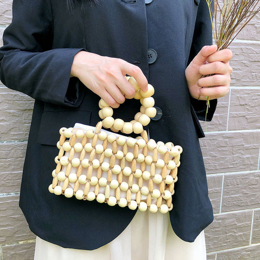 Retro Hand Woven Clutch Natural Wooden Bead Handbag Transparent Beach Cubic Bag