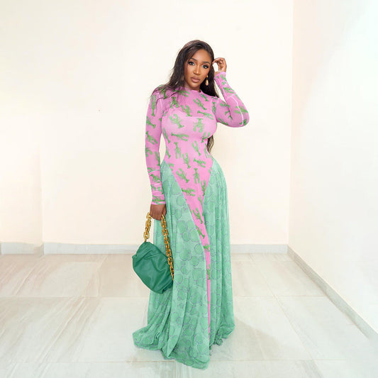 Autumn Retro Women Mesh round Neck Contrast Color Loose Waist Controlled Long Sleeves Printing Dress