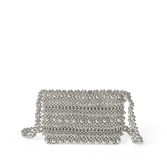 Handmade Beaded Bag Silver Bag Pearl Vegetable Basket Casual Weaving Messenger Bag Hollow Out Cutout