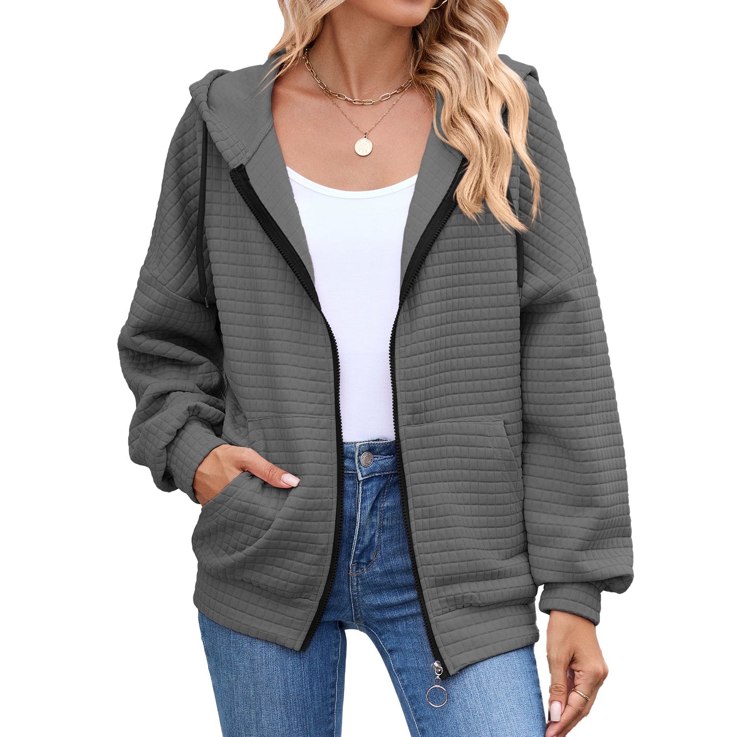 Autumn Winter Solid Color Long Sleeve Zipper Hooded Pocket Sweatshirt Coat Women