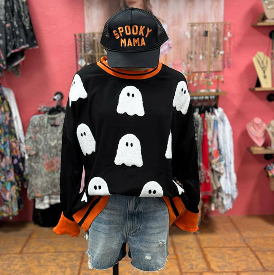 Ladies Summer Holiday Casual Halloween Ghost Embroidery Contrast Color Sweatshirts