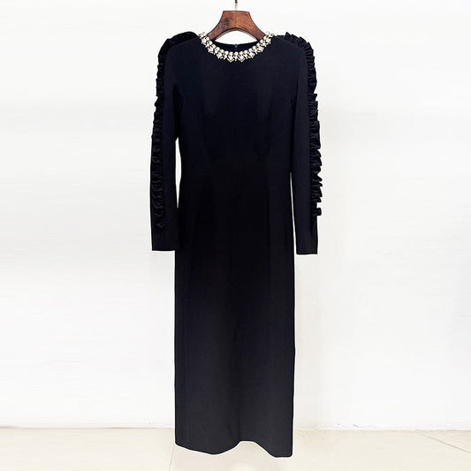 Autumn Star Fashionable Stringy Selvedge Three Dimensional Decoration Long Sleeve Mid Length Dress