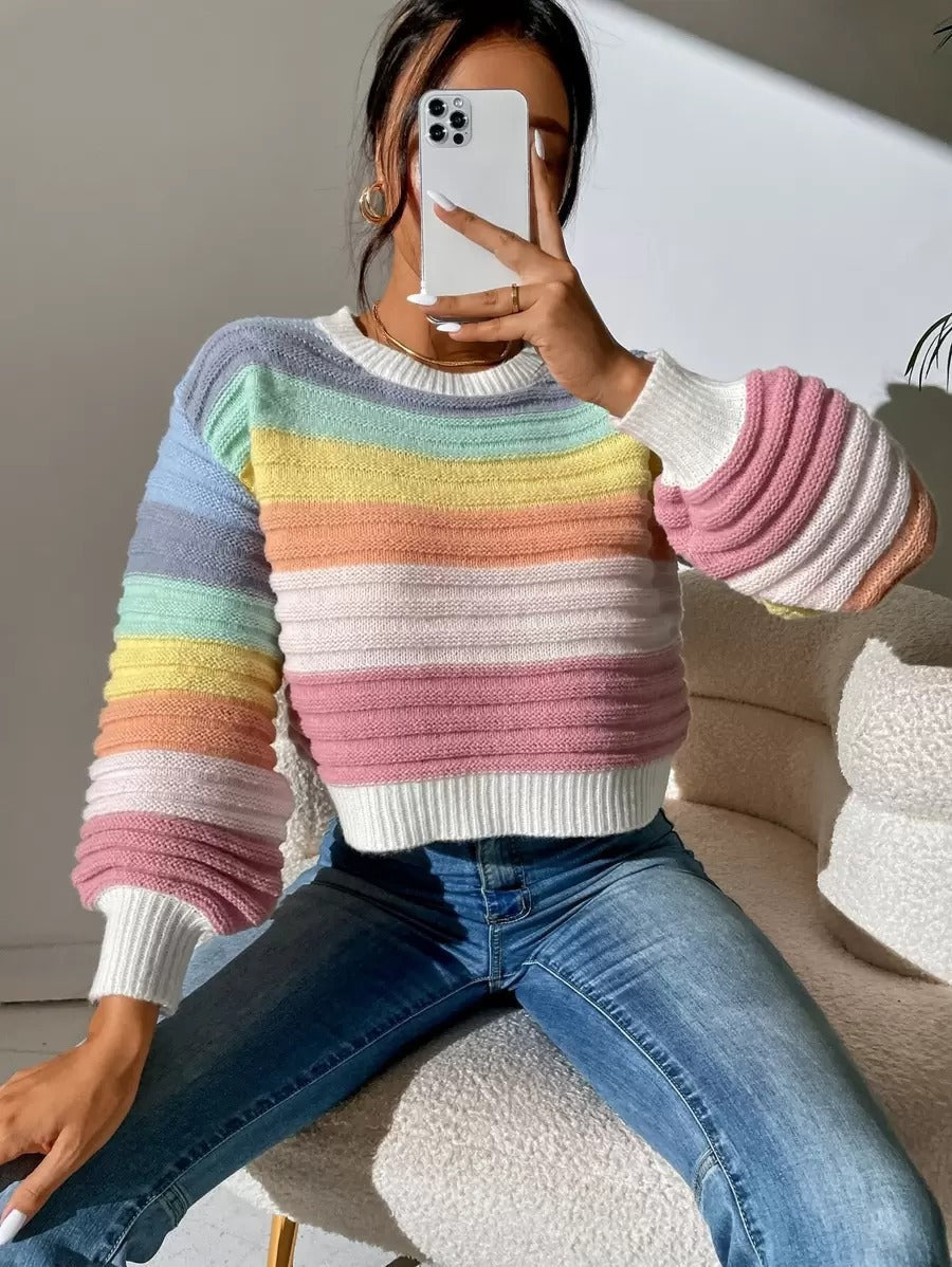 Autumn Winter Elegant Elegant Spliced Sweater Rainbow Striped Lantern Sleeve Knitted Pullover