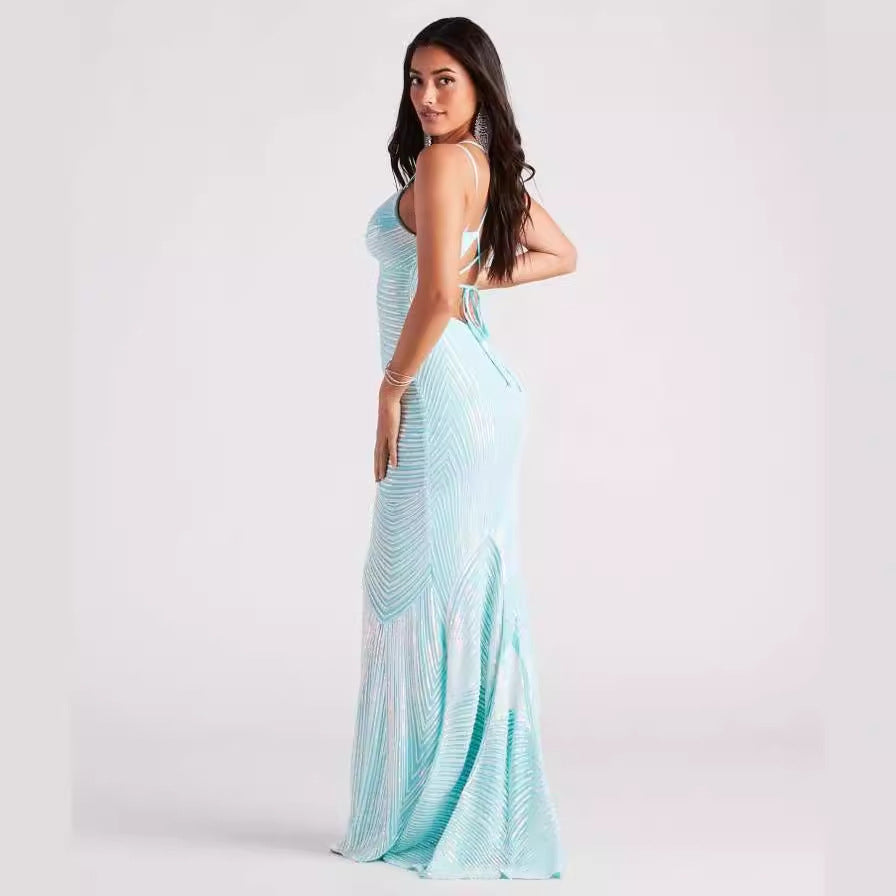 Sexy V Neck Sequ Floor-Length Evening Dress Elegant Cocktail Party Party Dress