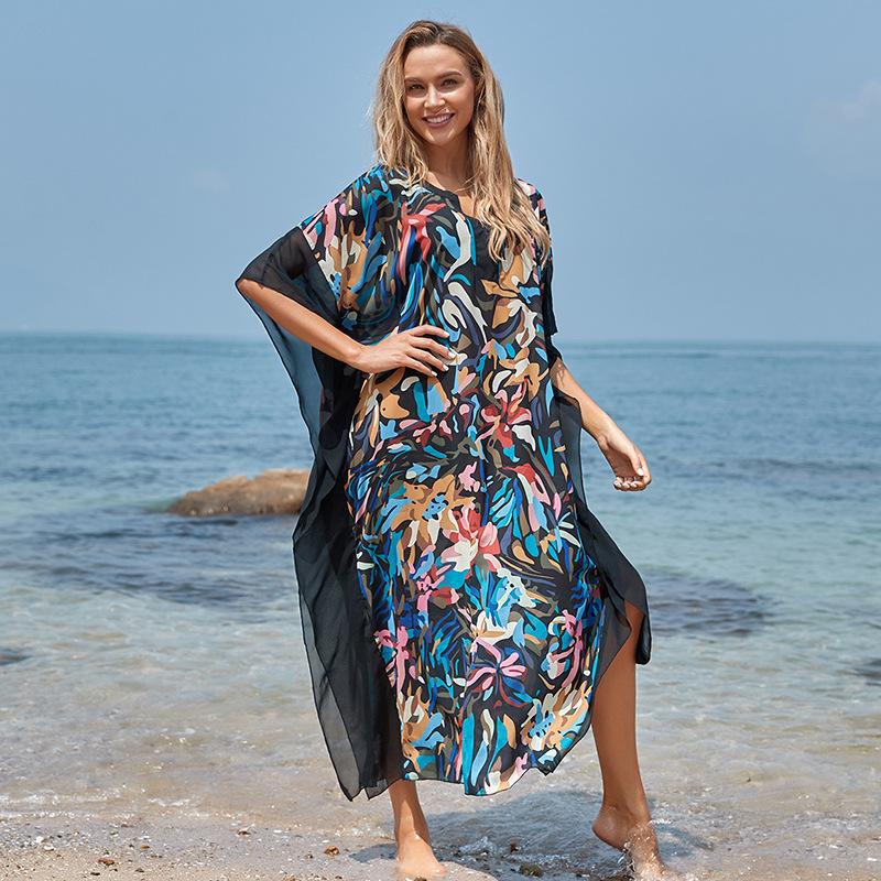 Wrinkle Solid Color Edge Robe Loose Dress Beach Sun Protection Clothing Swimsuit Bikini Cover Up Blouse