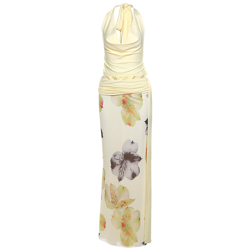 Spring Summer Women Sexy Backless Halter Top Slim Printed Dress Three Piece Sets Women