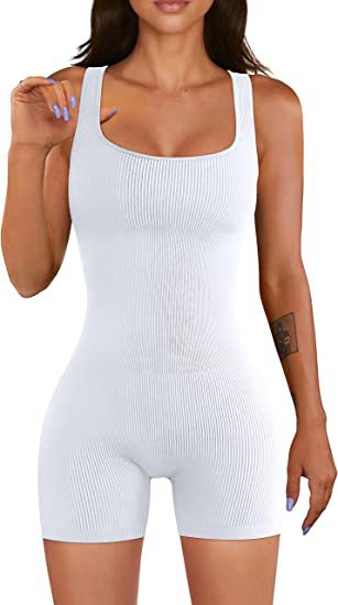 Women Yoga Jumpsuit Workout Ribbed Square Collar Sleeveless Sports Jumpsuit