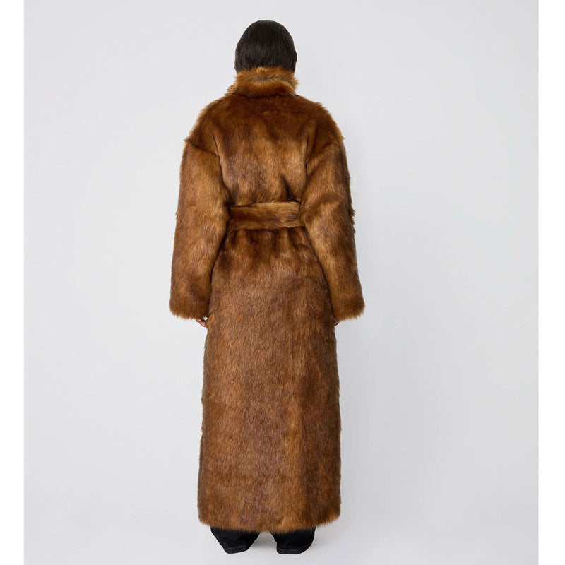 Women Winter Faux Fur Young Wolf Fur Coat Women Long below the Knee Warm Coat