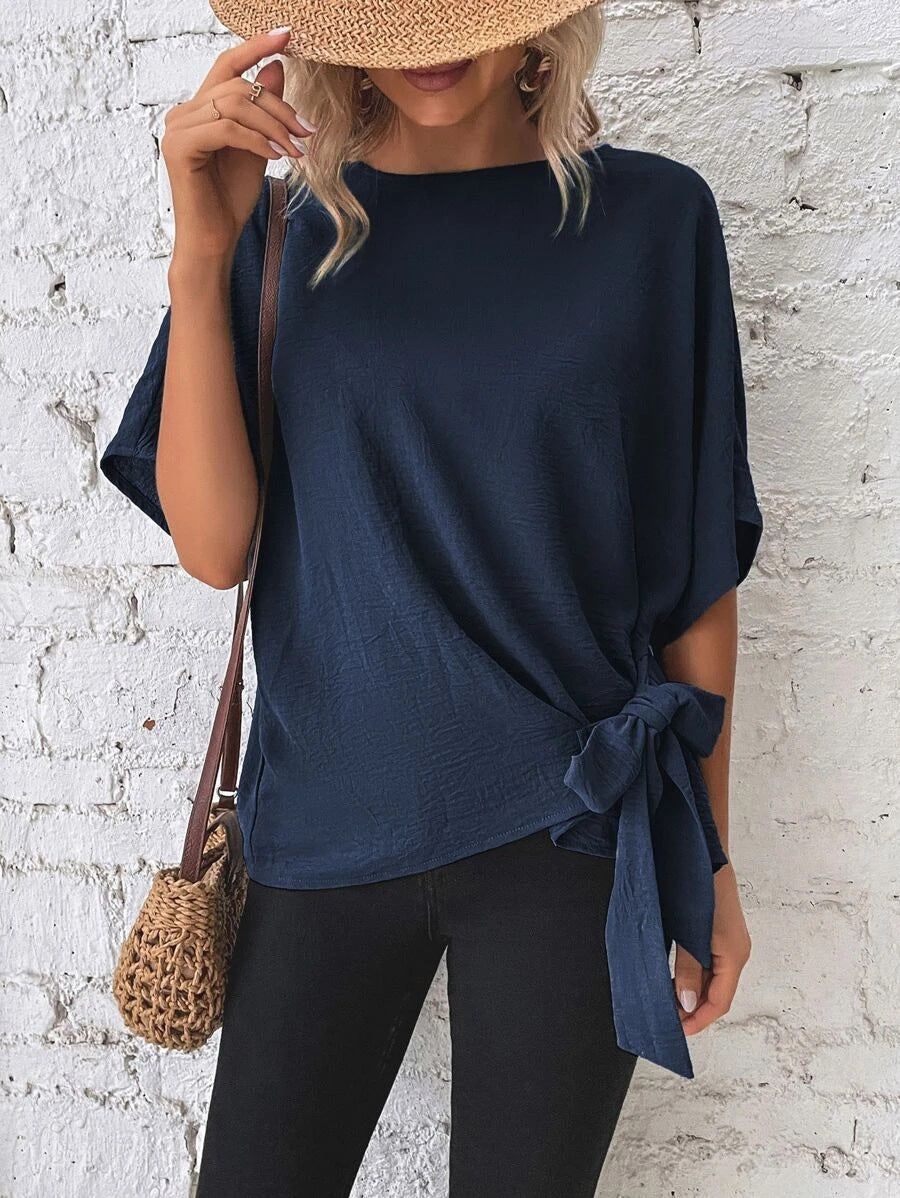 Women Clothing Summer Solid Color Batwing Sleeve Knotted Loose T Top