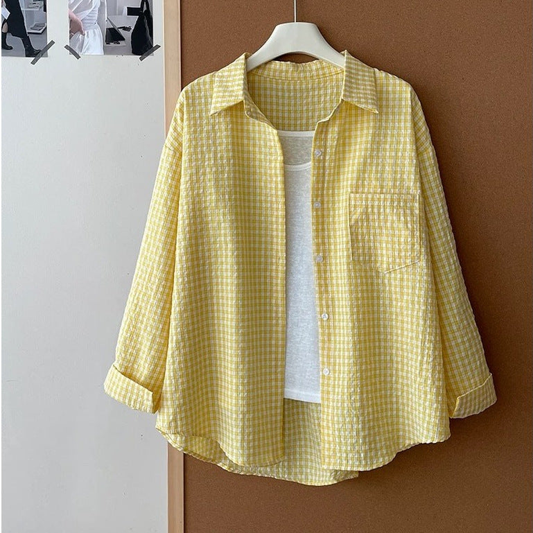 Spring Autumn Japanese Korean Small Plaid Sunscreen Shirt for Women Lazy Top