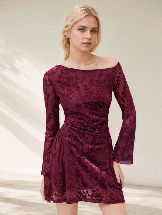 Arrival Women Clothing Sexy off the Shoulder Short Dress Velvet Burnt Floral Long Sleeve Mini Dress