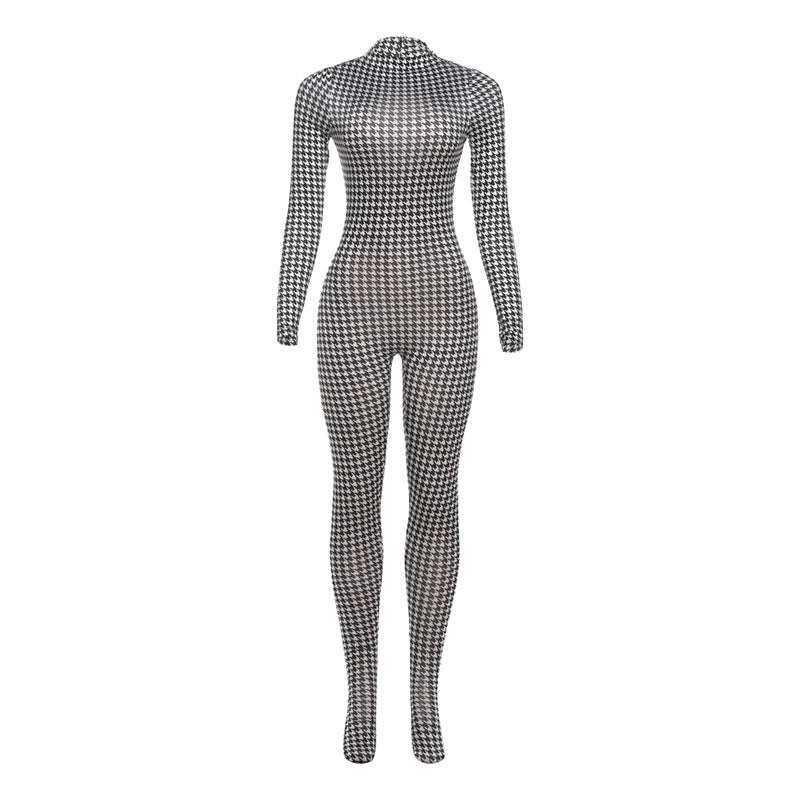 Autumn Winter Women Clothing Printed Turtleneck Long Sleeve Sexy High Waist Slim Fit Bodysuit