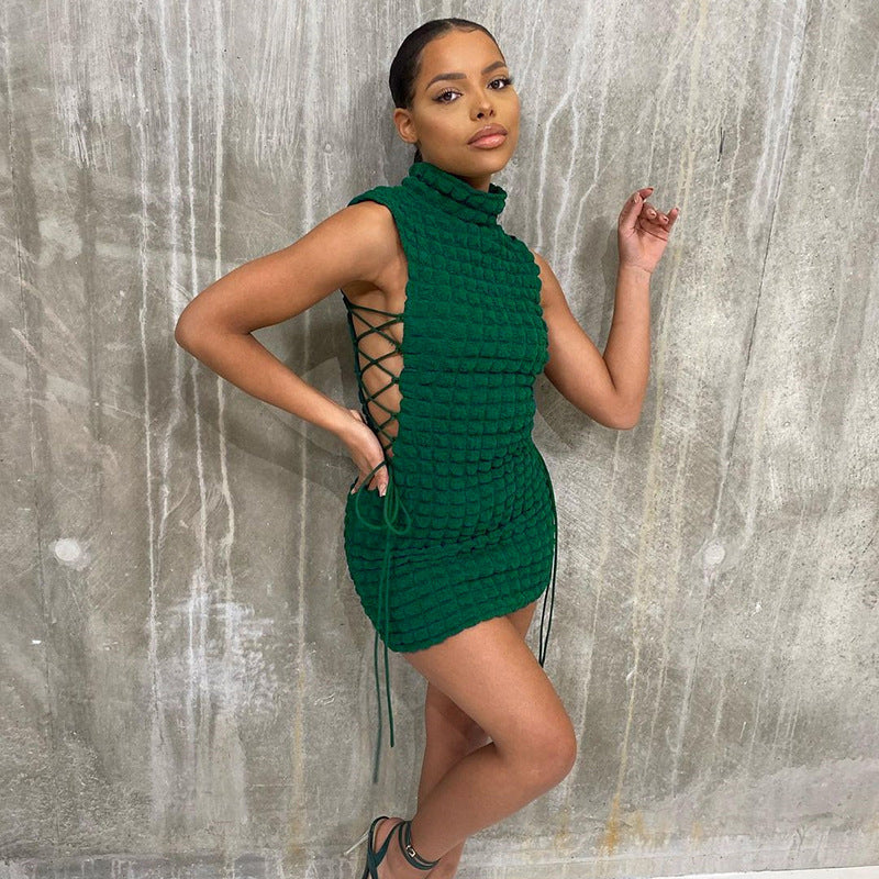 Spring Summer Women round Neck Sleeveless Sexy Lace-up Hollow Out Cutout Slim Sheath Dress textured