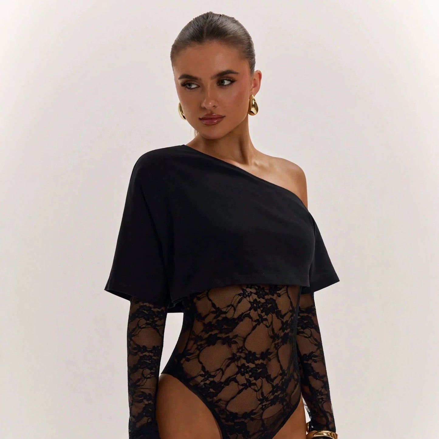 Sexy One Piece Cropped Outfit Slim Lace Stitching Long Sleeve Top