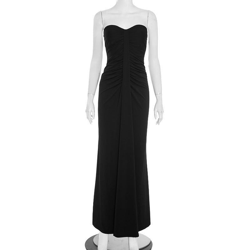 Women Clothing Autumn Arrival Solid Color Slim Fit Sweetheart Pleated Wrap Sleeveless Sleeve Length Dress