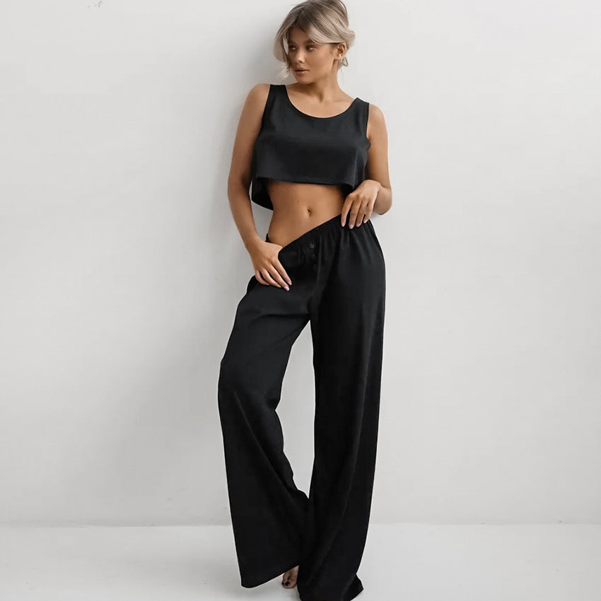 Spring Summer Home Wear Sleeveless Vest Pants Two Piece Set Knitted Emerized Pajamas for Women
