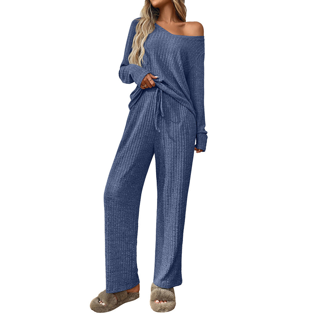Women Clothing Sunken Stripe Pajamas round Neck Long Sleeve Trousers Home Wear Set