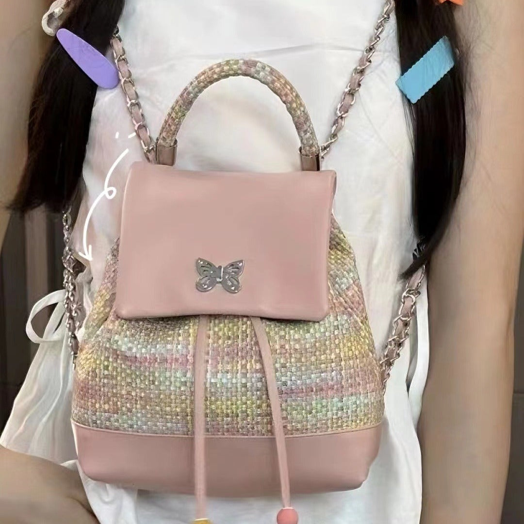 Sweet girl design woven leather small backpack purse, chain backpack, dopamine sweet cool versatile small backpack for women