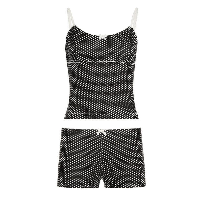 Summer Casual Street Polka Dot Printing Bow Cute Suspenders Top Shorts Basic Two Piece Sets