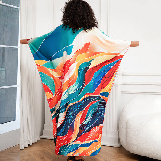 Positioning Print Holiday Loose plus Size Robe Beach Cover up Dress Bikini Cover-up Women's Clothing