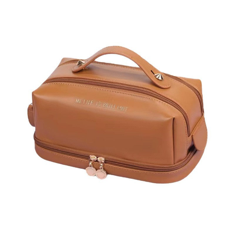 Double layer double zipper makeup bag for women,Large capacity women's cosmetic bag, PU leather toilet bag, cosmetic storage bag, makeup bag organizer,