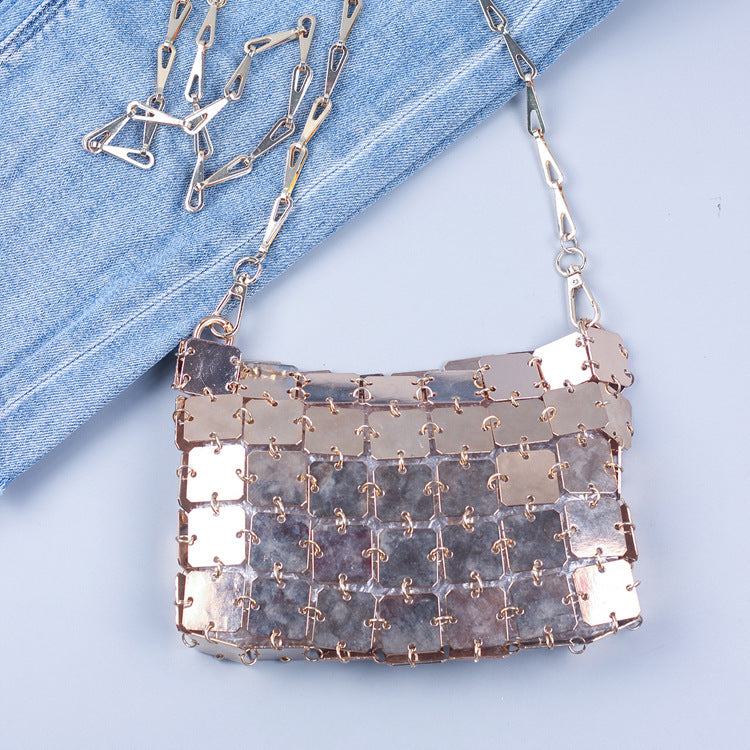 Hand Woven Gold Silver Color Square Sequ Large Future Sense Trendy Crossbody Chain Bag