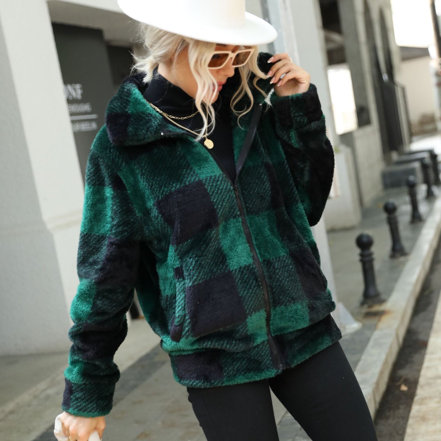 Autumn Winter Ladies Long Sleeves Stand Up Collar Plaid Regular Midi Plush Zippered Double Sided Suede Jacket