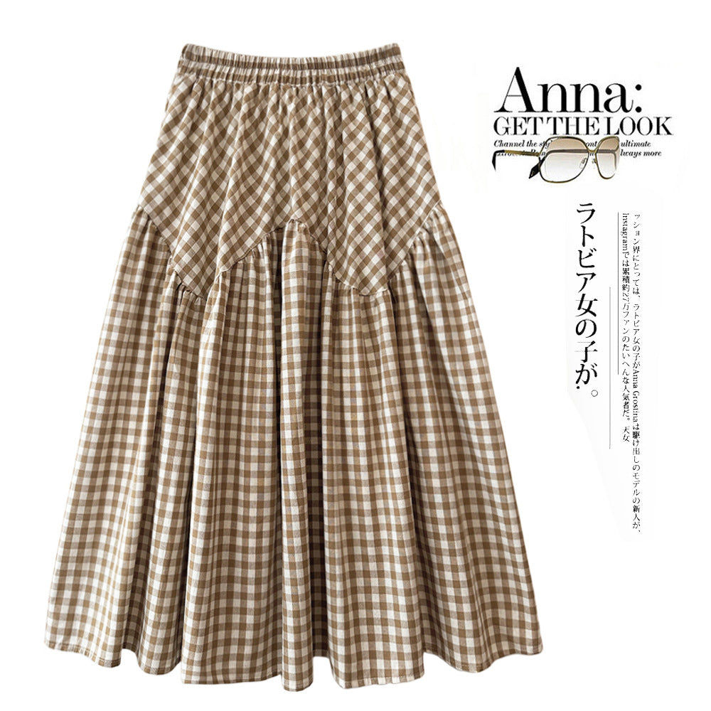 Art Retro Plaid High Waist Slimming A Line Skirt Patchwork Big Hem Umbrella Skirt