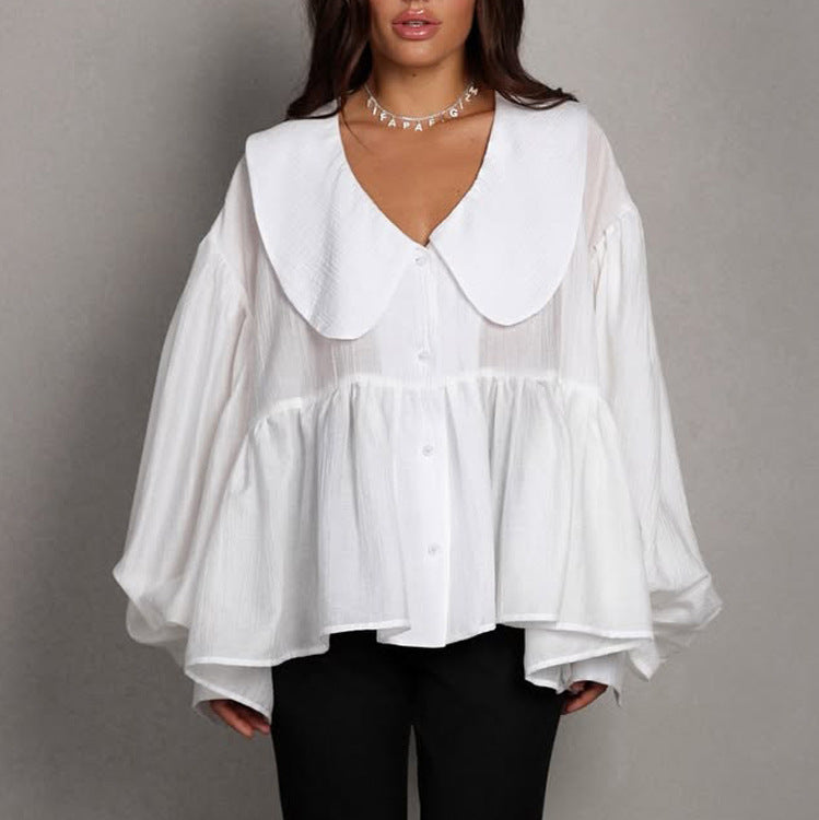 French Casual White Shirt Autumn Doll Face Puff Sleeve Loose All Matching Cardigan Shirt