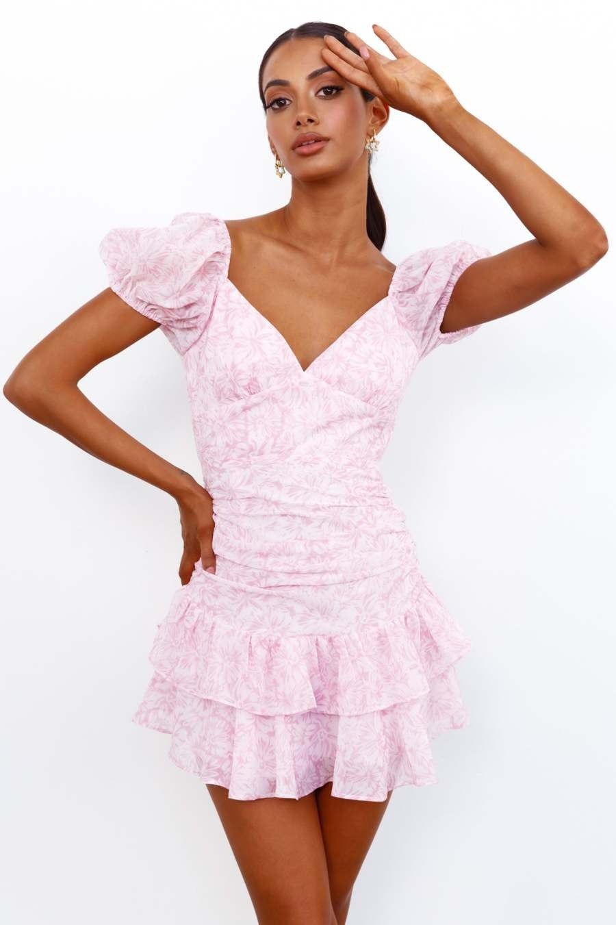 Pink Dress Summer Bow Elegant Puff Sleeve Floral Print V Neck Short Dress