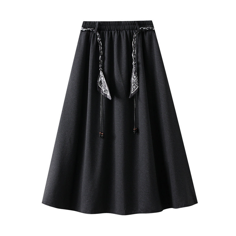 Autumn Korean Fashionable All Matching Casual Elastic Waist Silk Scarf Skirt Women Mid Length A line Skirt