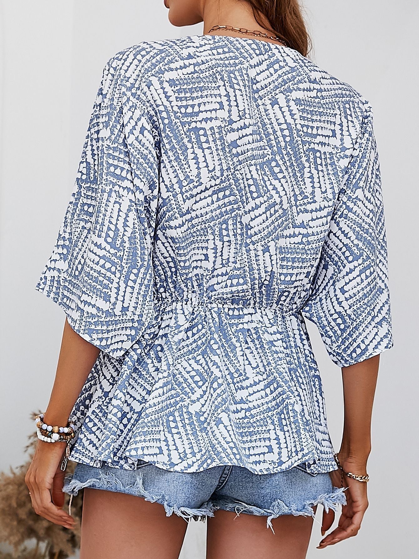 Summer Shirt V Neck Batwing Sleeve Loose Waist Trimming Printing Top Women