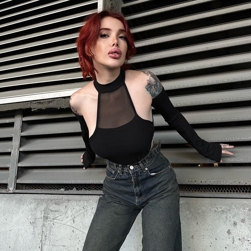 Autumn Winter Sexy Split Long Sleeve Crotch Mesh Hollow Out Cutout High Elastic One Piece Women Top