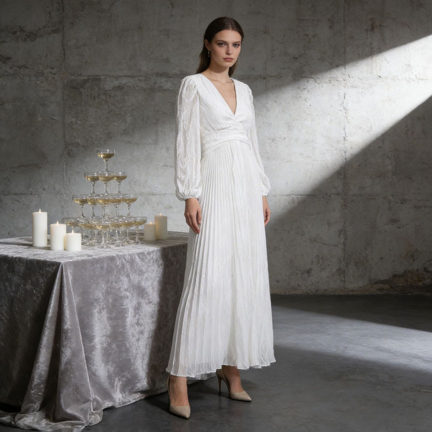 Spring Deep V Plunge neck Lantern Sleeve Maxi Dress Tight Waist Slimming Pleated Design Dress for Women