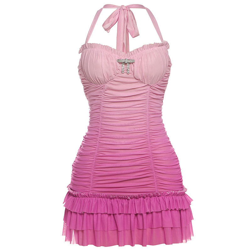 Summer Women Mesh Stitching Sexy Contrast Color Pleated Slim Halter Sheath Dress Women
