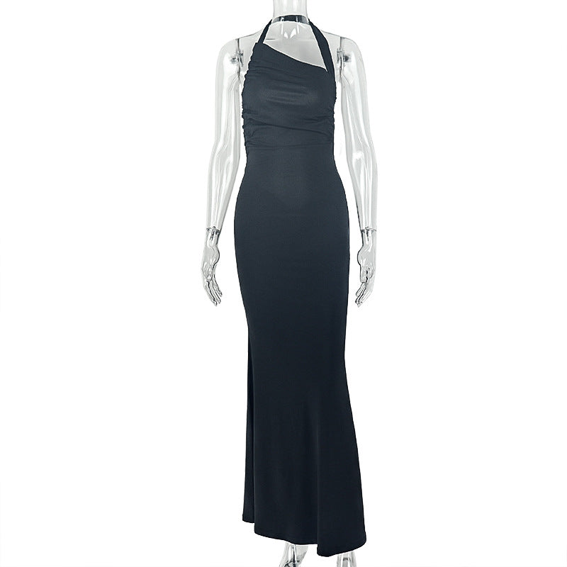 Low Waist Women Halter Diagonal Collar Bag Hip Dress Daily Hiking Backless Solid Color Maxi Dress