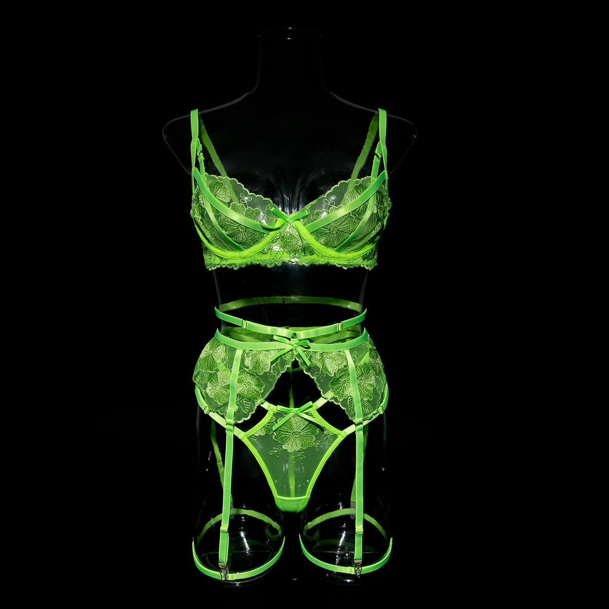 Women Clothing Fluorescent Color Girl Embroidery Sexy Underwear Three Or Four Piece Set